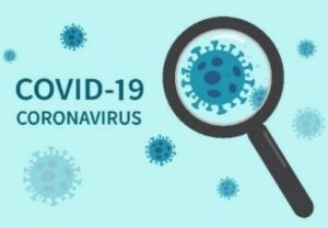 A magnifying glass, germs and the words COVID-19 Coronavirus